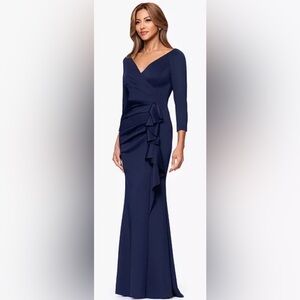 Elegant Long Sleeved V Neck Navy Blue Women's Dress with Ruched Side detailing
